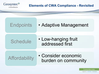 Elements of CWA Compliance - Revisited
• Adaptive Management
Endpoints
• Low-hanging fruit
addressed first
Schedule
• Consider economic
burden on community
Affordability
 