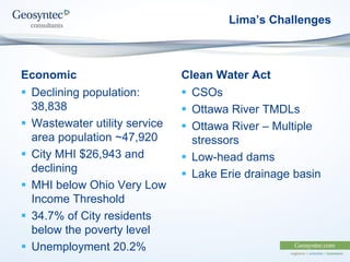 Economic
 Declining population:
38,838
 Wastewater utility service
area population ~47,920
 City MHI $26,943 and
declining
 MHI below Ohio Very Low
Income Threshold
 34.7% of City residents
below the poverty level
 Unemployment 20.2%
Clean Water Act
 CSOs
 Ottawa River TMDLs
 Ottawa River – Multiple
stressors
 Low-head dams
 Lake Erie drainage basin
Lima’s Challenges
 