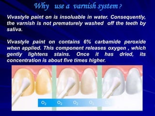 Vivastyle paint on is insoluable in water. Consequently,
the varnish is not prematurely washed off the teeth by
saliva.
Vivastyle paint on contains 6% carbamide peroxide
when applied. This component releases oxygen , which
gently lightens stains. Once it has dried, its
concentration is about five times higher.
Why use a varnish system ?
 