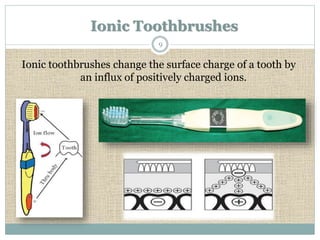 Ionic Toothbrushes 
9 
Ionic toothbrushes change the surface charge of a tooth by 
an influx of positively charged ions. 
 