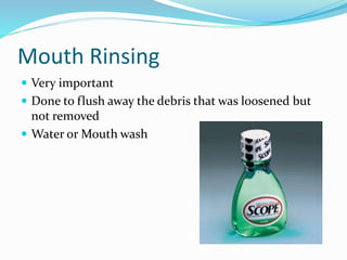 Mouth Rinsing
 Very important
 Done to flush away the debris that was loosened but
not removed
 Water or Mouth wash
 