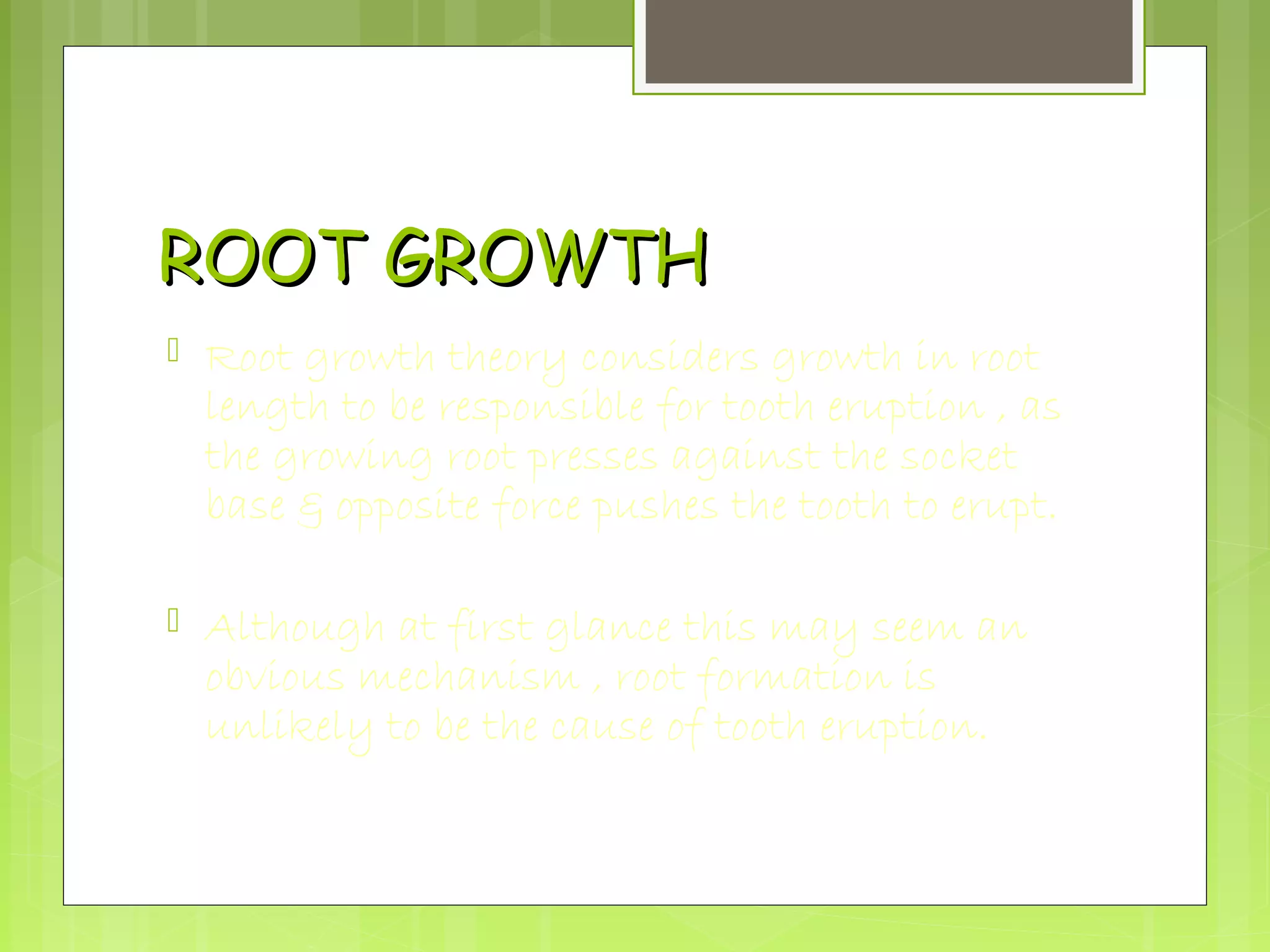 RROOOOTT GGRROOWWTTHH 
 Root growth theory considers growth in root 
length to be responsible for tooth eruption , as 
the growing root presses against the socket 
base & opposite force pushes the tooth to erupt. 
 Although at first glance this may seem an 
obvious mechanism , root formation is 
unlikely to be the cause of tooth eruption. 
 