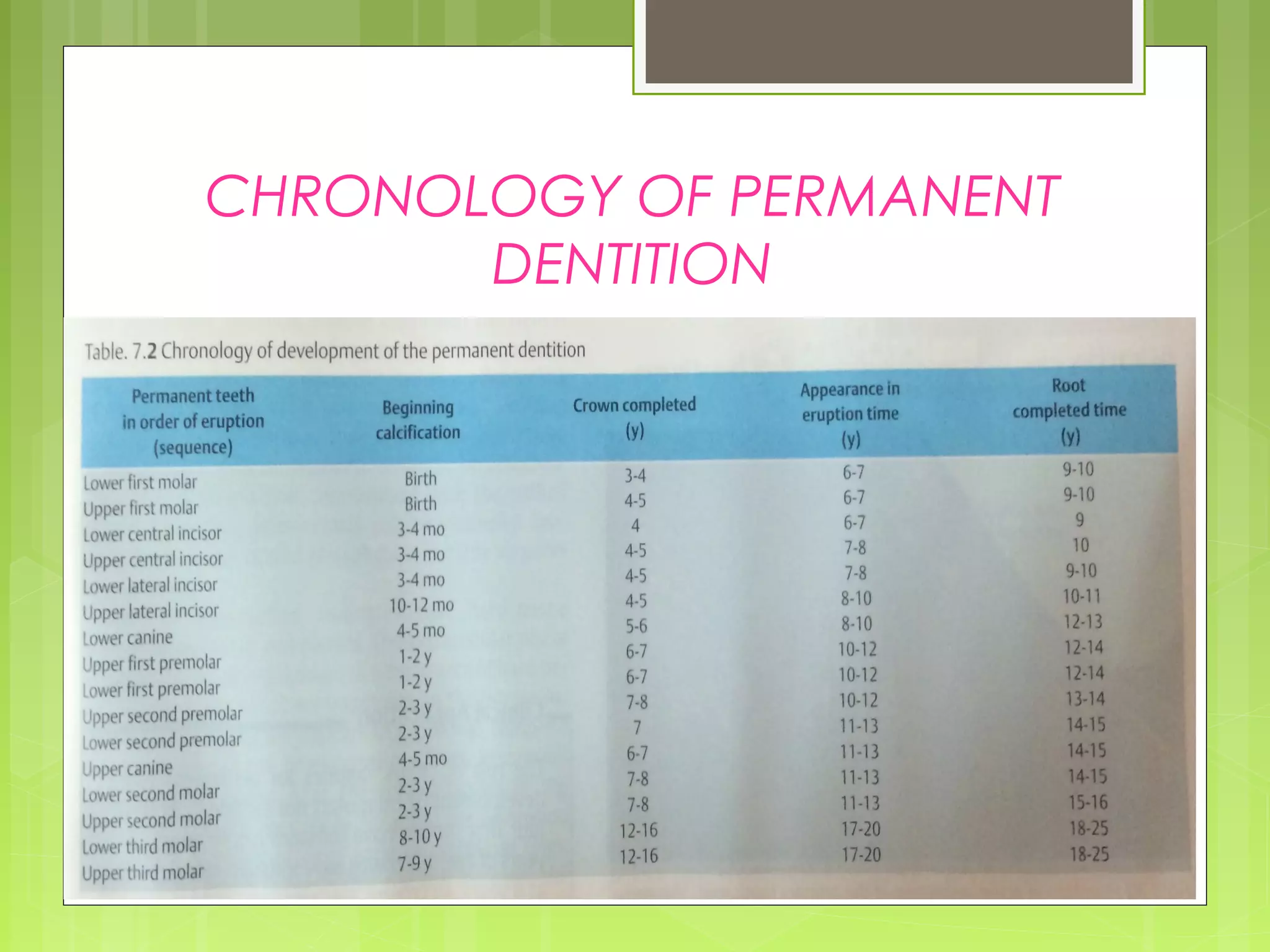 CHRONOLOGY OF PERMANENT 
DENTITION 
 