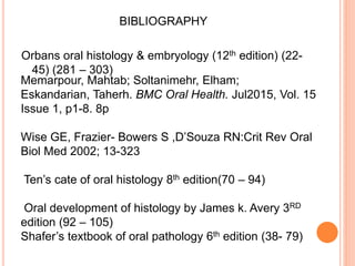 BIBLIOGRAPHY
Orbans oral histology & embryology (12th edition) (22-
45) (281 – 303)
Memarpour, Mahtab; Soltanimehr, Elham;
Eskandarian, Taherh. BMC Oral Health. Jul2015, Vol. 15
Issue 1, p1-8. 8p
Wise GE, Frazier- Bowers S ,D’Souza RN:Crit Rev Oral
Biol Med 2002; 13-323
Ten’s cate of oral histology 8th edition(70 – 94)
Oral development of histology by James k. Avery 3RD
edition (92 – 105)
Shafer’s textbook of oral pathology 6th edition (38- 79)
 