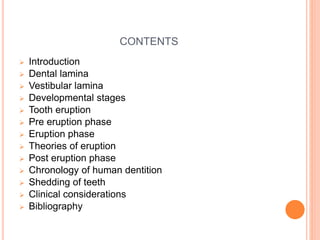 CONTENTS
 Introduction
 Dental lamina
 Vestibular lamina
 Developmental stages
 Tooth eruption
 Pre eruption phase
 Eruption phase
 Theories of eruption
 Post eruption phase
 Chronology of human dentition
 Shedding of teeth
 Clinical considerations
 Bibliography
 
