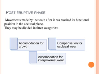 POST ERUPTIVE PHASE
Movements made by the tooth after it has reached its functional
position in the occlusal plane.
They may be divided in three categories:
Accomodation for
growth
Compensation for
occlusal wear
Accomodation for
interproximal wear
 