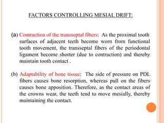 FACTORS CONTROLLING MESIAL DRIFT:
(a) Contraction of the transseptal fibers: As the proximal tooth
surfaces of adjacent teeth become worn from functional
tooth movement, the transseptal fibers of the periodontal
ligament become shorter (due to contraction) and thereby
maintain tooth contact .
(b) Adaptability of bone tissue: The side of pressure on PDL
fibers causes bone resorption, whereas pull on the fibers
causes bone apposition. Therefore, as the contact areas of
the crowns wear, the teeth tend to move mesially, thereby
maintaining the contact.
 