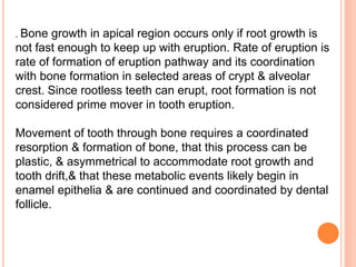 . Bone growth in apical region occurs only if root growth is
not fast enough to keep up with eruption. Rate of eruption is
rate of formation of eruption pathway and its coordination
with bone formation in selected areas of crypt & alveolar
crest. Since rootless teeth can erupt, root formation is not
considered prime mover in tooth eruption.
Movement of tooth through bone requires a coordinated
resorption & formation of bone, that this process can be
plastic, & asymmetrical to accommodate root growth and
tooth drift,& that these metabolic events likely begin in
enamel epithelia & are continued and coordinated by dental
follicle.
 