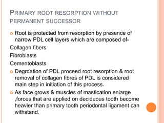 PRIMARY ROOT RESORPTION WITHOUT
PERMANENT SUCCESSOR
 Root is protected from resorption by presence of
narrow PDL cell layers which are composed of-
Collagen fibers
Fibroblasts
Cementoblasts
 Degrdation of PDL proceed root resorption & root
removal of collagen fibres of PDL is considered
main step in initiation of this process.
 As face grows & muscles of mastication enlarge
,forces that are applied on deciduous tooth become
heavier than primary tooth periodontal ligament can
withstand.
 