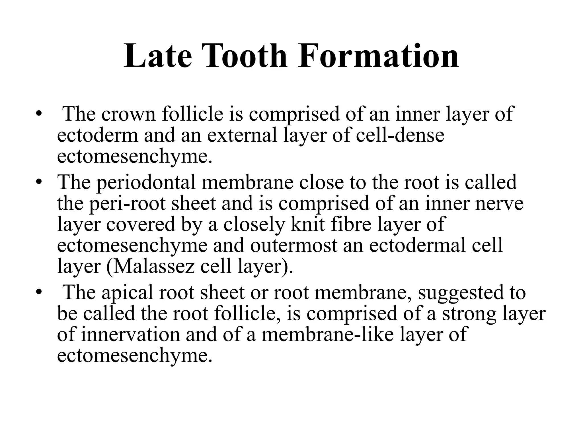 Late Tooth Formation
• The crown follicle is comprised of an inner layer of
ectoderm and an external layer of cell-dense
ectomesenchyme.
• The periodontal membrane close to the root is called
the peri-root sheet and is comprised of an inner nerve
layer covered by a closely knit fibre layer of
ectomesenchyme and outermost an ectodermal cell
layer (Malassez cell layer).
• The apical root sheet or root membrane, suggested to
be called the root follicle, is comprised of a strong layer
of innervation and of a membrane-like layer of
ectomesenchyme.
 