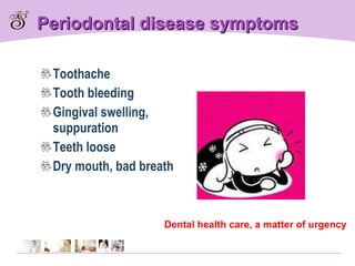 Periodontal disease symptoms Toothache  Tooth bleeding  Gingival swelling, suppuration  Teeth loose  Dry mouth, bad breath Dental health care, a matter of urgency 