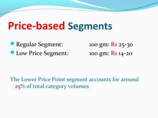 Price-based Segments
Regular Segment:             100 gm: Rs 25-30
Low Price Segment:           100 gm: Rs 14-20



The Lower Price Point segment accounts for around
 25% of total category volumes
 