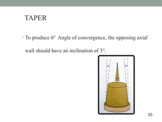 • To produce 6º Angle of convergence, the opposing axial
wall should have an inclination of 3°.
TAPER
33
 
