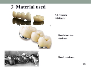 Metal with ceramic facing retainer on left and full
metal retainer on right.
All ceramic
retainers
Metal-ceramic
retainers
Metal retainers
3. Material used
66
 