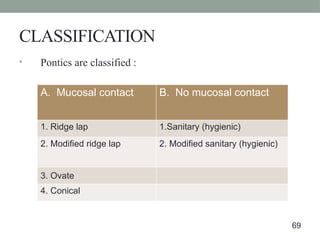 CLASSIFICATION
• Pontics are classified :
A. Mucosal contact B. No mucosal contact
1. Ridge lap 1.Sanitary (hygienic)
2. Modified ridge lap 2. Modified sanitary (hygienic)
3. Ovate
4. Conical
69
 