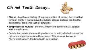 Oh no! Tooth Decay…
• Plaque - biofilm consisting of large quantities of various bacteria that
form on teeth. If not removed regularly, plaque buildup can lead to
periodontal problems such as gingivitis
• Streptococcus mutans - the most important bacterium associated
with dental caries
• Certain bacteria in the mouth produce lactic acid, which dissolves the
calcium and phosphorus in the enamel. This process, known as
“Demineralisation”, leads to tooth destruction
 