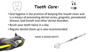 Tooth Care:
• Oral hygiene is the practice of keeping the mouth clean and
is a means of preventing dental caries, gingivitis, periodontal
disease, bad breath and other dental disorders
• Brush your teeth twice in a day
• Regular dental check up is also recommended
HAVE A GOOD DAY!!!!
 