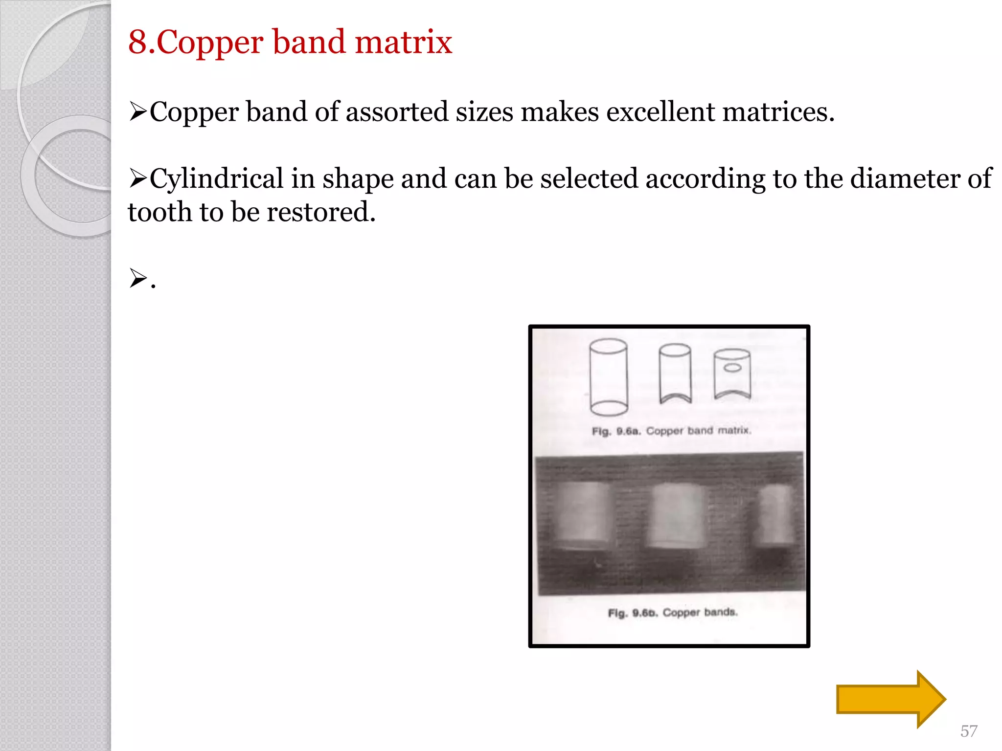 8.Copper band matrix
Copper band of assorted sizes makes excellent matrices.
Cylindrical in shape and can be selected according to the diameter of
tooth to be restored.
.
57
 