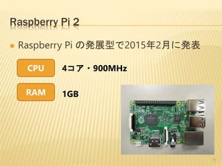 Raspberry Pi 2
 Raspberry Pi の発展型で2015年2月に発表
CPU
RAM
4コア・900MHz
1GB
11
 