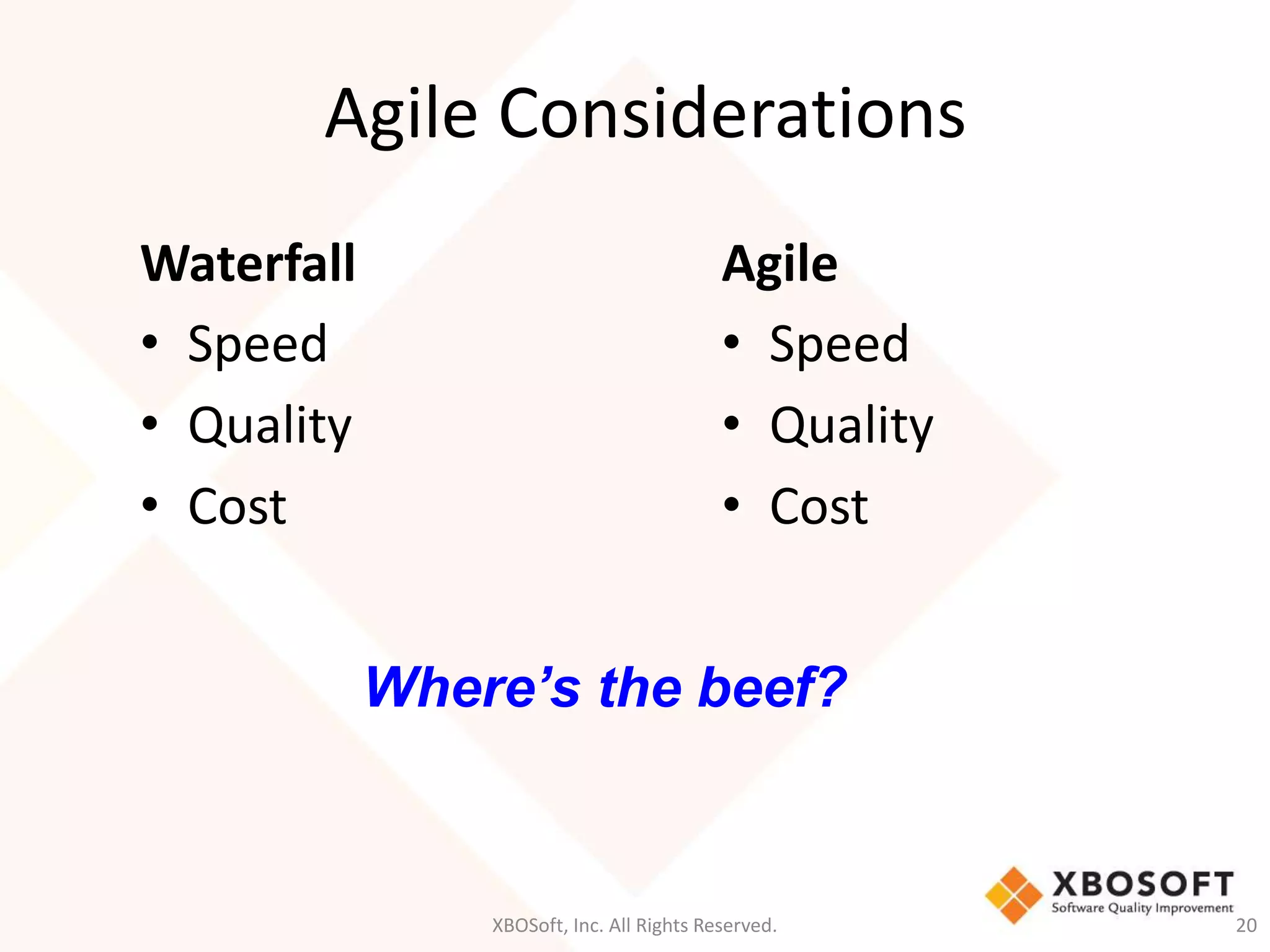 Agile Considerations 
Waterfall 
• Speed 
• Quality 
• Cost 
Agile 
• Speed 
• Quality 
• Cost 
Where’s the beef? 
XBOSoft, Inc. All Rights Reserved. 20 
 