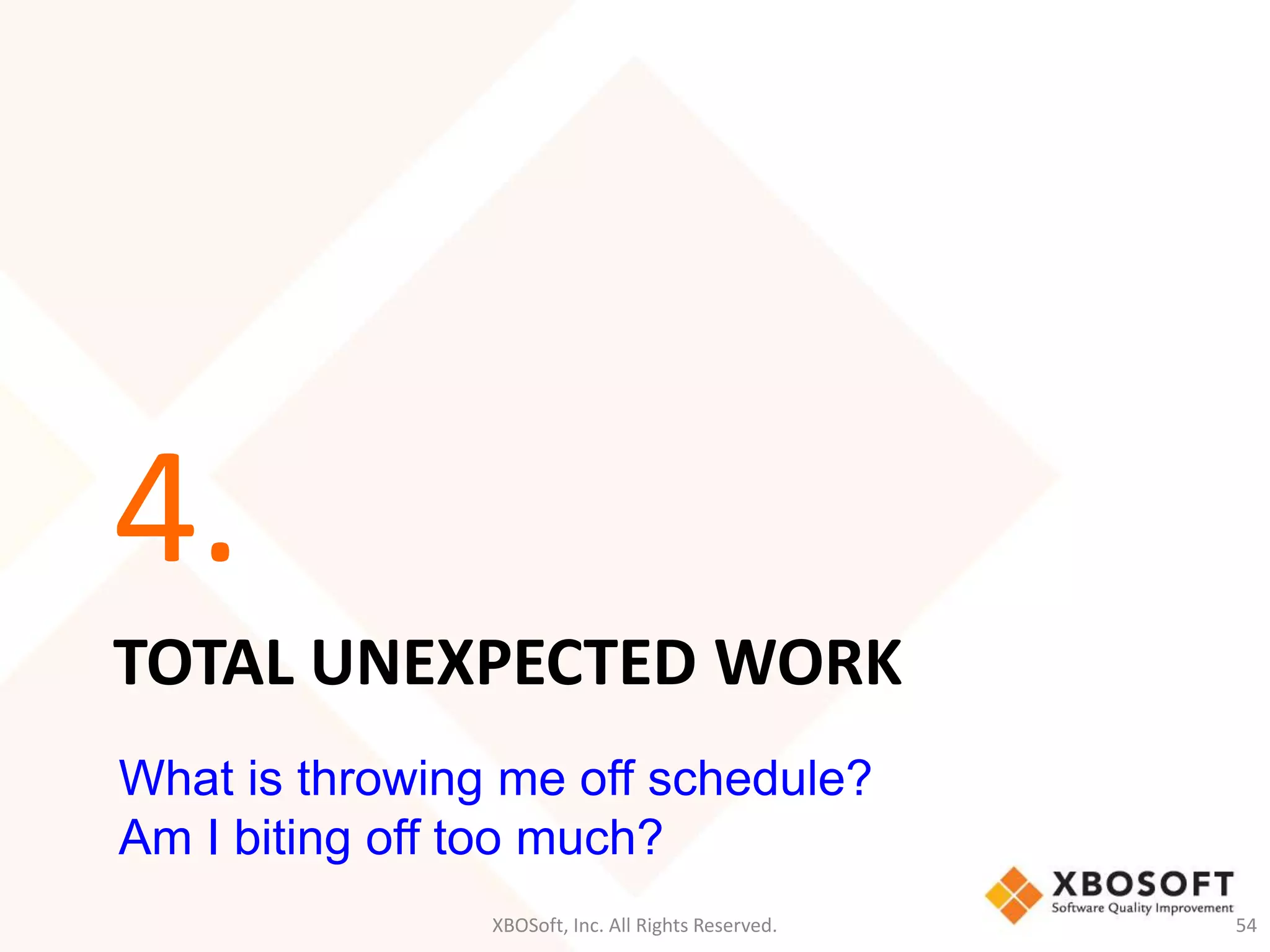 4. 
TOTAL UNEXPECTED WORK 
What is throwing me off schedule? 
Am I biting off too much? 
XBOSoft, Inc. All Rights Reserved. 54 
 