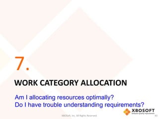 7. 
WORK CATEGORY ALLOCATION 
Am I allocating resources optimally? 
Do I have trouble understanding requirements? 
XBOSoft, Inc. All Rights Reserved. 43 
 