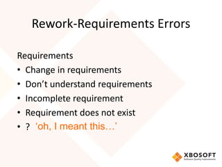 Rework-Requirements Errors 
Requirements 
• Change in requirements 
• Don’t understand requirements 
• Incomplete requirement 
• Requirement does not exist 
• ? ‘oh, I meant this…’ 
 