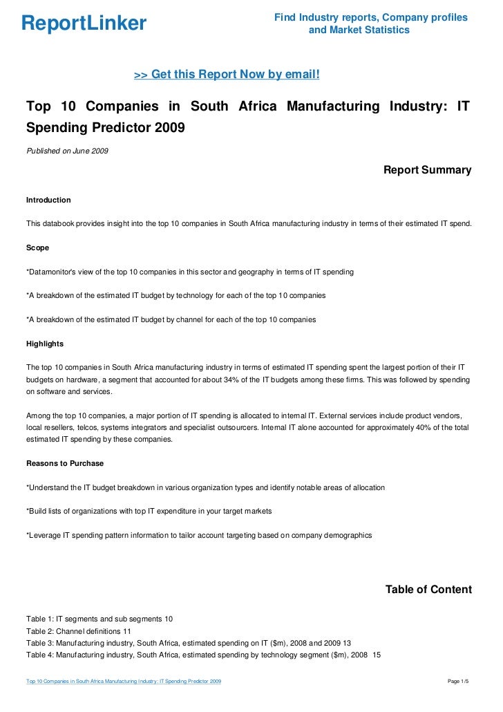 Top 10 Companies in South Africa Manufacturing Industry IT Spending