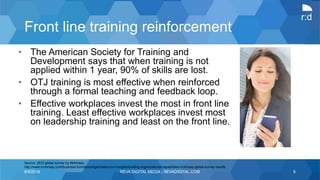 r:d
Front line training reinforcement
• The American Society for Training and
Development says that when training is not
applied within 1 year, 90% of skills are lost.
• OTJ training is most effective when reinforced
through a formal teaching and feedback loop.
• Effective workplaces invest the most in front line
training. Least effective workplaces invest most
on leadership training and least on the front line.
Source: 2010 global survey by McKinsey
http://www.mckinsey.com/business-functions/organization/our-insights/building-organizational-capabilities-mckinsey-global-survey-results
6/9/2016 REVA DIGITAL MEDIA | REVADIGITAL.COM 6
 