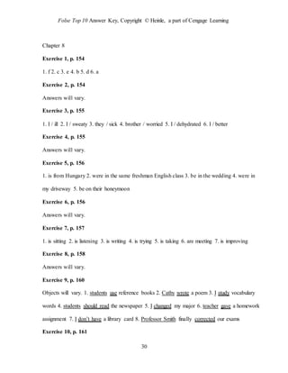 Folse Top 10 Answer Key, Copyright © Heinle, a part of Cengage Learning
30
Chapter 8
Exercise 1, p. 154
1. f 2. c 3. e 4. b 5. d 6. a
Exercise 2, p. 154
Answers will vary.
Exercise 3, p. 155
1. I / ill 2. I / sweaty 3. they / sick 4. brother / worried 5. I / dehydrated 6. I / better
Exercise 4, p. 155
Answers will vary.
Exercise 5, p. 156
1. is from Hungary 2. were in the same freshman English class 3. be in the wedding 4. were in
my driveway 5. be on their honeymoon
Exercise 6, p. 156
Answers will vary.
Exercise 7, p. 157
1. is sitting 2. is listening 3. is writing 4. is trying 5. is taking 6. are meeting 7. is improving
Exercise 8, p. 158
Answers will vary.
Exercise 9, p. 160
Objects will vary. 1. students use reference books 2. Cathy wrote a poem 3. I study vocabulary
words 4. students should read the newspaper 5. I changed my major 6. teacher gave a homework
assignment 7. I don’t have a library card 8. Professor Smith finally corrected our exams
Exercise 10, p. 161
 