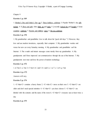 Folse Top 10 Answer Key, Copyright © Heinle, a part of Cengage Learning
33
Chapter 9
Exercise 1, p. 169
1. Mother’s Day and Father’s Day are 2. These holidays celebrate 3. Popular Mother’s day gifts
include 4. S: Boys and girls often think up and make 5. I recently looked for and bought 6. Some
countries celebrate 7. Parents and children enjoy 8. Do you celebrate
Exercise 2, p. 170
1. My grandmother and grandfather love to talk about the “good old days.” 2. However, they
love and use modern inventions, especially their computer. 3. My grandmother washes and
waxes her new car every Saturday morning. 4. My grandmother and grandfather surf the
Internet. 5. The e-mails and instant messages come mostly from my grandmother. 6. My
grandparents and I have improved our communication through the use of the Internet. 7. My
grandparents now trust and love the power of modern technology.
Exercise 3, p. 172
1. d / but 2. a / but 3. f / but 4. h / and 5. b / and 6. e / so 7. c / or 8. g / but
Exercise 4, p. 173
Answers will vary.
Exercise 5, p. 174
1. <C>that<C> contains a heavy frame 2. <C>who<C> move on their own 3. <C>that<C> are
older and don’t need special attention 4. <C>that<C> you have chosen 5. <C>that<C> are
labeled with the contents and the name of the room 6. <C>that<C> everyone uses at least twice a
day
Exercise 6, p. 175
 