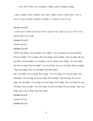 Folse Top 10 Answer Key, Copyright © Heinle, a part of Cengage Learning
8
1. lived 2. started 3. took 4. brushed 5. put 6. had 7. talked 8. drove 9. had 10. met 11. ate 12.
went 13. went 14. waited 15. helped 16. washed 17. watched 18. went 19. was
Exercise 11, p. 38
1. took 2. went 3. lasted / did not do 4. drove / stayed 5. were / slept 6. got / saw 7. felt / was 8.
did not want 9. was 10. had
Exercise 12, p. 39
Answers will vary.
Exercise 13, p. 40
TAKE: I was taking, I was not taking, Was I taking? / You were taking, You were not taking,
Were you taking? / He was taking, He was not taking, Was he taking? / She was taking, She was
not taking, Was she taking? / It was taking, It was not taking, Was it taking? / We were taking,
We were not taking, Were we taking? / You were taking, You were not taking, Were you taking?
/ They were taking, They were not taking, Were they taking?
DO: I was doing, I was not doing, Was I doing? / You were doing, You were not doing, Were
you doing? / He was doing, He was not doing, Was he doing? / She was doing, She was not
doing, Was she doing? / It was doing, It was not doing, Was it doing? / We were doing, We were
not doing, Were we doing? / You were doing, You were not doing, Were you doing? / They were
doing, They were not doing, Were they doing?
Exercise 14, p. 41
Answers will vary.
Exercise 15, p. 43
 