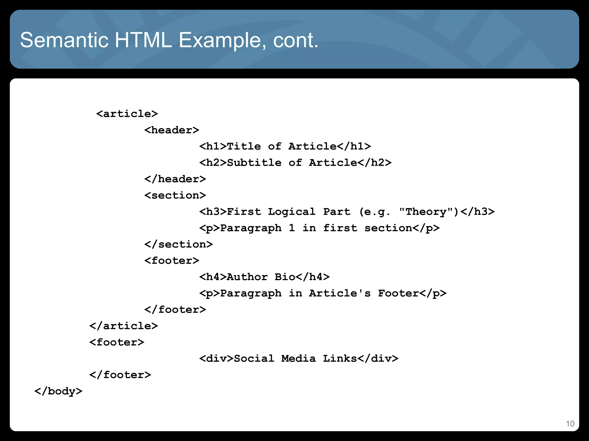 Semantic HTML Example, cont.
<article>
<header>
<h1>Title of Article</h1>
<h2>Subtitle of Article</h2>
</header>
<section>
<h3>First Logical Part (e.g. "Theory")</h3>
<p>Paragraph 1 in first section</p>
</section>
<footer>
<h4>Author Bio</h4>
<p>Paragraph in Article's Footer</p>
</footer>
</article>
<footer>
<div>Social Media Links</div>
</footer>
</body>
10
 
