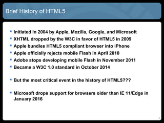 Brief History of HTML5
 Initiated in 2004 by Apple, Mozilla, Google, and Microsoft
 XHTML dropped by the W3C in favor of HTML5 in 2009
 Apple bundles HTML5 compliant browser into iPhone
 Apple officially rejects mobile Flash in April 2010
 Adobe stops developing mobile Flash in November 2011
 Became a W3C 1.0 standard in October 2014
 But the most critical event in the history of HTML5???
 Microsoft drops support for browsers older than IE 11/Edge in
January 2016
6
 