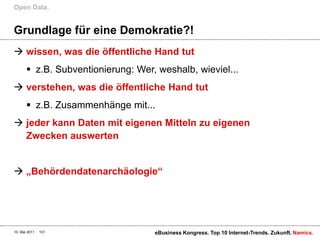 Grundlage für eine Demokratie?!wissen, was die öffentliche Hand tutz.B. Subventionierung: Wer, weshalb, wieviel...verstehen, was die öffentliche Hand tutz.B. Zusammenhänge mit...jeder kann Daten mit eigenen Mitteln zu eigenen Zwecken auswerten„Behördendatenarchäologie“Open Data.10. Mai 2011eBusiness Kongress. Top 10 Internet-Trends. Zukunft.101