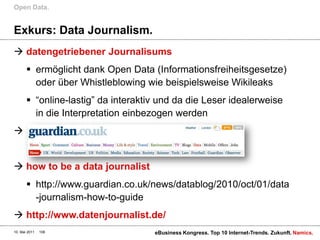 Exkurs: Data Journalism.datengetriebenerJournalisumsermöglicht dank Open Data (Informationsfreiheitsgesetze) oderüberWhistleblowing wiebeispielsweiseWikileaks“online-lastig” da interaktiv und da die Leseridealerweise in die Interpretation einbezogenwerdenhow to be a data journalisthttp://www.guardian.co.uk/news/datablog/2010/oct/01/data-journalism-how-to-guidehttp://www.datenjournalist.de/Open Data.10. Mai 2011eBusiness Kongress. Top 10 Internet-Trends. Zukunft.108