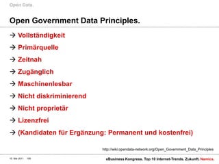 Open Government Data Principles.VollständigkeitPrimärquelleZeitnahZugänglichMaschinenlesbarNichtdiskriminierendNichtproprietärLizenzfrei(KandidatenfürErgänzung: Permanent und kostenfrei)Open Data.10. Mai 2011eBusiness Kongress. Top 10 Internet-Trends. Zukunft.109http://wiki.opendata-network.org/Open_Government_Data_Principles