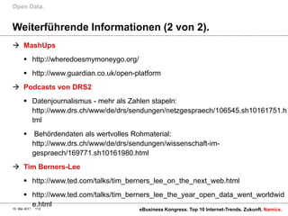 Weiterführende Informationen (2 von 2).MashUpshttp://wheredoesmymoneygo.org/http://www.guardian.co.uk/open-platformPodcasts von DRS2Datenjournalismus - mehr als Zahlen stapeln: http://www.drs.ch/www/de/drs/sendungen/netzgespraech/106545.sh10161751.html Behördendaten als wertvolles Rohmaterial: http://www.drs.ch/www/de/drs/sendungen/wissenschaft-im-gespraech/169771.sh10161980.htmlTim Berners-Leehttp://www.ted.com/talks/tim_berners_lee_on_the_next_web.htmlhttp://www.ted.com/talks/tim_berners_lee_the_year_open_data_went_worldwide.htmlOpen Data.10. Mai 2011eBusiness Kongress. Top 10 Internet-Trends. Zukunft.113
