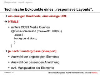 Technische Eckpunkte eines „responisve Layouts“.ein einziger Quellcode, eine einzige URLHTML5mittels CCS3 Media Queries@mediascreenand (max-width: 600px) {	.class {background: #ccc;	}}je nach Fenstergrösse (Viewport)Auswahl der angezeigten ElementeAuswahl der passenden Anordnungevtl. Manipulation der ElementeResponsive / Liquid Layouts.10. Mai 2011eBusiness Kongress. Top 10 Internet-Trends. Zukunft.12