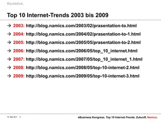 Top 10 Internet-Trends 2003 bis 20092003: http://blog.namics.com/2003/02/prasentation-to.html2004: http://blog.namics.com/2004/02/prasentation-to-1.html2005: http://blog.namics.com/2005/05/prasentation-to-2.html2006: http://blog.namics.com/2006/05/top_10_internet.html2007: http://blog.namics.com/2007/05/top_10_internet_1.html2008: http://blog.namics.com/2008/05/top-10-internet-2.html2009: http://blog.namics.com/2009/05/top-10-internet-3.htmlRückblick. 10. Mai 2011eBusiness Kongress. Top 10 Internet-Trends. Zukunft.2