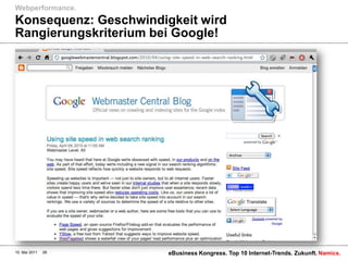 Konsequenz: Geschwindigkeit wird Rangierungskriterium bei Google!Webperformance.10. Mai 2011eBusiness Kongress. Top 10 Internet-Trends. Zukunft.28