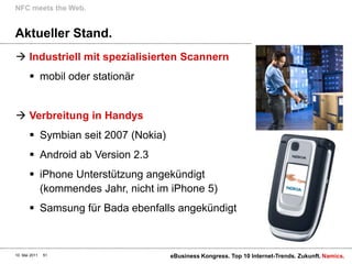 Aktueller Stand.Industriell mit spezialisierten Scannernmobil oder stationärVerbreitung in HandysSymbian seit 2007 (Nokia)Android ab Version 2.3iPhone Unterstützung angekündigt (kommendes Jahr, nicht im iPhone 5)Samsung für Bada ebenfalls angekündigtNFC meetsthe Web.10. Mai 2011eBusiness Kongress. Top 10 Internet-Trends. Zukunft.51