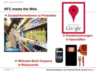 Zusatzinformationen zu ProduktenNFC meetsthe Web.NFC meetsthe Web.10. Mai 2011eBusiness Kongress. Top 10 Internet-Trends. Zukunft.54Kundenmeinungen in Geschäften