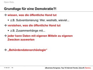 Open Data.


Grundlage für eine Demokratie?!
 wissen, was die öffentliche Hand tut
        z.B. Subventionierung: Wer, weshalb, wieviel...
 verstehen, was die öffentliche Hand tut
        z.B. Zusammenhänge mit...
 jeder kann Daten mit eigenen Mitteln zu eigenen
  Zwecken auswerten


 „Behördendatenarchäologie“




10. Mai 2011   100                  eBusiness Kongress. Top 10 Internet-Trends. Zukunft. Namics.
 