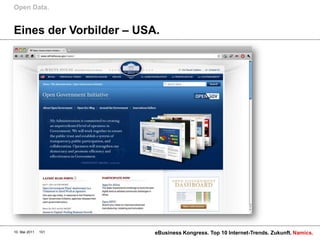 Open Data.


Eines der Vorbilder – USA.




10. Mai 2011   101       eBusiness Kongress. Top 10 Internet-Trends. Zukunft. Namics.
 