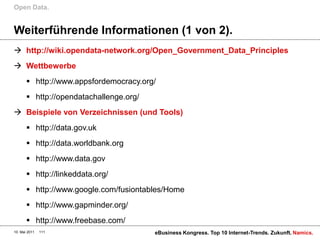Open Data.


Weiterführende Informationen (1 von 2).
 http://wiki.opendata-network.org/Open_Government_Data_Principles
 Wettbewerbe
        http://www.appsfordemocracy.org/
        http://opendatachallenge.org/
 Beispiele von Verzeichnissen (und Tools)
        http://data.gov.uk
        http://data.worldbank.org
        http://www.data.gov
        http://linkeddata.org/
        http://www.google.com/fusiontables/Home
        http://www.gapminder.org/
        http://www.freebase.com/
10. Mai 2011   111                       eBusiness Kongress. Top 10 Internet-Trends. Zukunft. Namics.
 