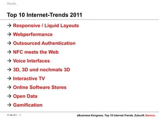 Heute.


Top 10 Internet-Trends 2011
 Responsive / Liquid Layouts
 Webperformance
 Outsourced Authentication
 NFC meets the Web
 Voice Interfaces
 3D, 3D und nochmals 3D
 Interactive TV
 Online Software Stores
 Open Data
 Gamification
10. Mai 2011   3              eBusiness Kongress. Top 10 Internet-Trends. Zukunft. Namics.
 