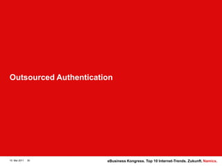 Outsourced Authentication




10. Mai 2011   30      eBusiness Kongress. Top 10 Internet-Trends. Zukunft. Namics.
 