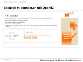 Outsourced Authentication.


Beispiel: m-connect.ch mit OpenID.




10. Mai 2011   39            eBusiness Kongress. Top 10 Internet-Trends. Zukunft. Namics.
 