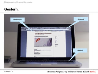 Responsive / Liquid Layouts.


Gestern.

                   Webbrowser                                        Notebook




                                                                     Tastatur




10. Mai 2011   5                eBusiness Kongress. Top 10 Internet-Trends. Zukunft. Namics.
 